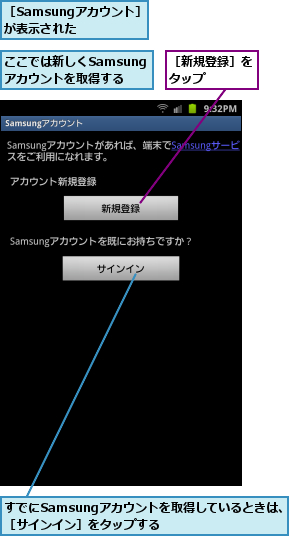 ここでは新しくSamsungアカウントを取得する,すでにSamsungアカウントを取得しているときは、　　［サインイン］をタップする　　　　　　　　　,［Samsungアカウント］が表示された　　,［新規登録］をタップ　　　