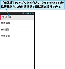 ［赤外線］のアプリを使うと、今まで使っていた携帯電話から赤外線通信で電話帳を移行できる