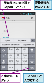 1 半角英字の文字種で「Japan」と入力,2 確定キーをタップ　　　,「Japan」と入力される,変換候補が表示された