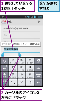 1 選択したい文字を1秒以上タッチ　　,2 カーソルのアイコンを左右にドラッグ　　　　,文字が選択された　　