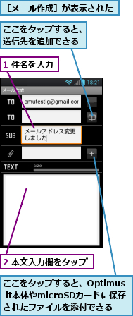 1 件名を入力,2 本文入力欄をタップ,ここをタップすると、Optimus it本体やmicroSDカードに保存されたファイルを添付できる,ここをタップすると、送信先を追加できる,［メール作成］が表示された