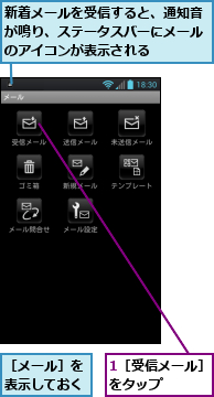 1［受信メール］をタップ　　　　,新着メールを受信すると、通知音が鳴り、ステータスバーにメールのアイコンが表示される,［メール］を表示しておく