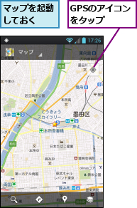 GPSのアイコンをタップ　　,マップを起動しておく　　
