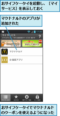 おサイフケータイでマクドナルドのクーポンを使えるようになった,おサイフケータイを起動し、［マイサービス］を表示しておく　　　,マクドナルドのアプリが追加された　　　　　