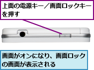 上面の電源キー／画面ロックキーを押す 　　　　　　　　　　 ,画面がオンになり、画面ロックの画面が表示される    