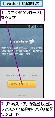 1［今すぐダウンロード］をタップ　　　　　　　　,2［Playストア］が起動したら、レッスン12を参考にアプリをダ　ウンロード,［Twitter］が起動した