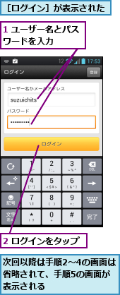 1 ユーザー名とパスワードを入力　　　,2 ログインをタップ,次回以降は手順2〜4の画面は省略されて、手順5の画面が表示される,［ログイン］が表示された