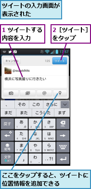1 ツイートする内容を入力　　,2［ツイート］をタップ　　,ここをタップすると、ツイートに位置情報を追加できる　　　　,ツイートの入力画面が表示された　　　　
