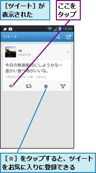 ここをタップ,［☆］をタップすると、ツイートをお気に入りに登録できる　　,［ツイート］が表示された　　