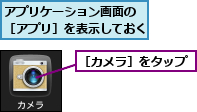 アプリケーション画面の　［アプリ］を表示しておく,［カメラ］をタップ