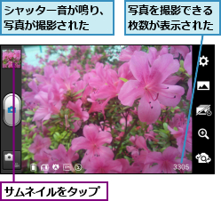 サムネイルをタップ,シャッター音が鳴り、写真が撮影された　　,写真を撮影できる枚数が表示された