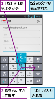 1［な］を1秒以上タッチ,2 指を右にずらして離す　　　,「ね」が入力される　　,な行の文字が表示された
