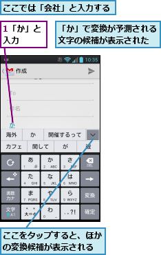 1「か」と入力　　,「か」で変換が予測される文字の候補が表示された,ここでは「会社」と入力する,ここをタップすると、ほかの変換候補が表示される
