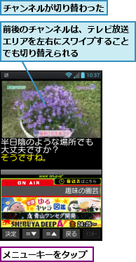 チャンネルが切り替わった,メニューキーをタップ,前後のチャンネルは、テレビ放送エリアを左右にスワイプすることでも切り替えられる