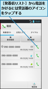 ［発着信リスト］から電話をかけるには受話器のアイコンをタップする