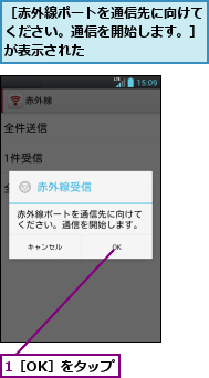 1［OK］をタップ,［赤外線ポートを通信先に向けてください。通信を開始します。］が表示された
