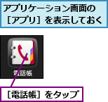 アプリケーション画面の　［アプリ］を表示しておく,［電話帳］をタップ