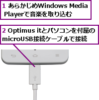 1 あらかじめWindows Media Playerで音楽を取り込む,2 Optimus itとパソコンを付属のmicroUSB接続ケーブルで接続　　　