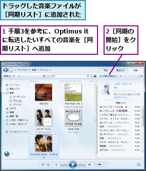 1 手順3を参考に、Optimus itに転送したいすべての音楽を［同期リスト］へ追加,2［同期の開始］をクリック,ドラッグした音楽ファイルが［同期リスト］に追加された