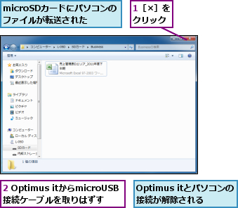 1［×］をクリック,2 Optimus itからmicroUSB接続ケーブルを取りはずす,Optimus itとパソコンの接続が解除される,microSDカードにパソコンのファイルが転送された