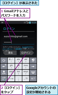 1 Gmailアドレスとパスワードを入力,2［ログイン］をタップ　　,Googleアカウントの設定が開始される,［ログイン］が表示された