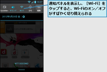 通知パネルを表示し、［Wi-Fi］をタップすると、Wi-Fiのオン／オフがすばやく切り替えられる