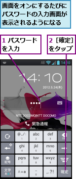 1 パスワードを入力　　　,2［確定］をタップ,画面をオンにするたびにパスワードの入力画面が表示されるようになる