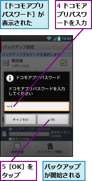 4 ドコモアプリパスワ　ードを入力,5［OK］をタップ,バックアップが開始される,［ドコモアプリパスワード］が表示された