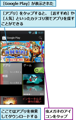 ここではアプリを検索してダウンロードする,虫メガネのアイコンをタップ,［Google Play］が表示された,［アプリ］をタップすると、［おすすめ］や［人気］といったカテゴリ別でアプリを探すことができる