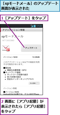 1［アップデート］をタップ,2 画面に［アプリ起動］が表示されたら［アプリ起動］をタップ,［spモードメール］のアップデート画面が表示された　　　　　　　　　　　　