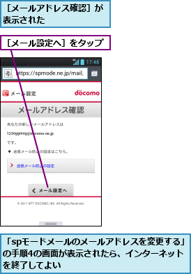 「spモードメールのメールアドレスを変更する」の手順4の画面が表示されたら、インターネットを終了してよい,［メールアドレス確認］が表示された　　　　　　　,［メール設定へ］をタップ