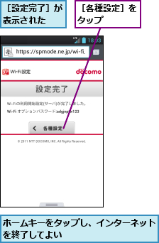 ホームキーをタップし、インターネット　を終了してよい　　　　　　　　　　　　,［各種設定］をタップ　　　,［設定完了］が表示された　　