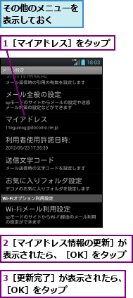 1［マイアドレス］をタップ,2［マイアドレス情報の更新］が表示されたら、［OK］をタップ,3［更新完了］が表示されたら、［OK］をタップ　　　　　　,その他のメニューを表示しておく　　