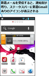 新着メールを受信すると、通知音が鳴り、ステータスバーに新着Gmailありのアイコンが表示される
