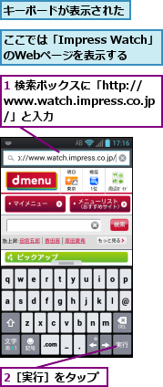 1 検索ボックスに「http://www.watch.impress.co.jp/」と入力,2［実行］をタップ,ここでは「Impress Watch」のWebページを表示する,キーボードが表示された