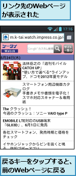 リンク先のWebページが表示された　　　,戻るキーをタップすると、前のWebページに戻る