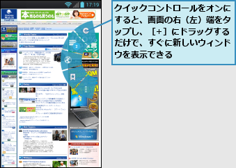 クイックコントロールをオンにすると、画面の右（左）端をタップし、［+］にドラッグするだけで、すぐに新しいウィンドウを表示できる