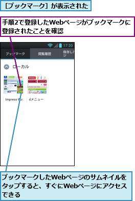 ブックマークしたWebページのサムネイルをタップすると、すぐにWebページにアクセスできる,手順2で登録したWebページがブックマークに登録されたことを確認　　　　　　　　　　　　　　　　,［ブックマーク］が表示された