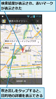 吹き出しをタップすると、目的地の詳細を表示できる,検索結果が表示され、赤いマークが表示された　　　　　　　　　　　　