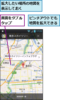 ピンチアウトでも地図を拡大できる,拡大したい場所の地図を表示しておく　　　　,画面をダブルタップ　　