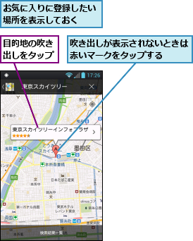 お気に入りに登録したい場所を表示しておく　　,吹き出しが表示されないときは赤いマークをタップする　　,目的地の吹き出しをタップ