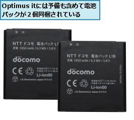 Optimus itには予備も含めて電池パックが２個同梱されている　　　