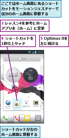 3 レッスン4を参考にホームアプリを［ホーム］に変更,4 ショートカットを1秒以上タッチ　　,5 Optimus itを左に傾ける,ここではホーム画面にあるショートカットをモーションジェスチャーでほかのホーム画面に移動する,ショートカットが左のホーム画面に移動する