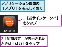 1［おサイフケータイ］をタップ　　　　　　　,2［初期設定］が表示されたときは［はい］をタップ　　,アプリケーション画面の　［アプリ］を表示しておく