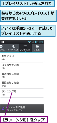 あらかじめ4つのプレイリストが登録されている　　　　　　　,ここでは手順1〜3で　作成したプレイリストを表示する　　,［プレイリスト］が表示された,［ランニング用］をタップ