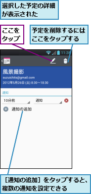 ここをタップ,予定を削除するにはここをタップする,選択した予定の詳細が表示された　　,［通知の追加］をタップすると、複数の通知を設定できる　　　