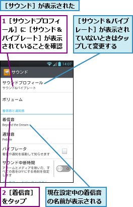1［サウンドプロフィール］に［サウンド＆バイブレート］が表示されていることを確認,2［着信音］をタップ　　,現在設定中の着信音の名前が表示される,［サウンド＆バイブレート］が表示されていないときはタップして変更する,［サウンド］が表示された