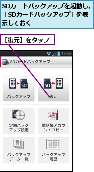 SDカードバックアップを起動し、［SDカードバックアップ］を表　示しておく,［復元］をタップ