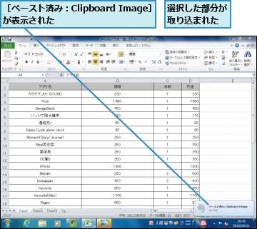 選択した部分が取り込まれた,［ペースト済み：Clipboard Image］が表示された        