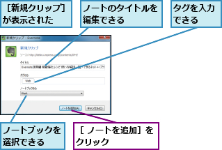 タグを入力できる  ,ノートのタイトルを編集できる    ,ノートブックを選択できる  ,［ ノートを追加］をクリック      ,［新規クリップ］が表示された  